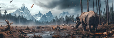 Amidst deforestation, rare animals appear against a backdrop of destruction, symbolizing species loss and the urgency for conservation.の素材