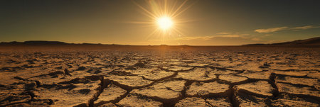 Cracked earth in arid lands reflects the consequences of global warming, with blazing sunlight intensifying the climate crisis.の素材