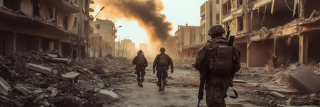Amidst the ruins of a devastated city, soldiers move forward, shadows highlighted by the smoke rising from the destruction surrounding them.の素材