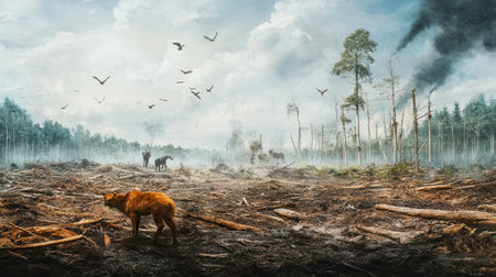 A clearing in the forest showcases rare animals struggling to survive while smoke billows from ongoing deforestation activities.の素材