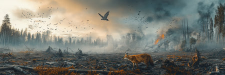 Forests dissolve into barren land as rare animals face extinction amidst the chaos of environmental destruction and habitat loss.の素材