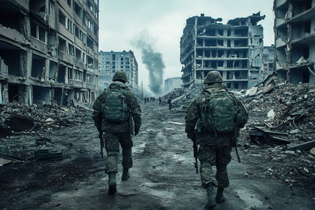 Two soldiers walk through a devastated urban landscape, surrounded by crumbling buildings and remnants of conflict, with smoke rising nearby.の素材