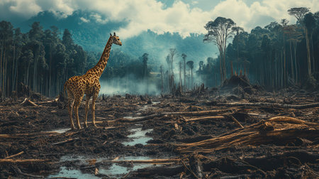 A lone giraffe stands amidst a devastated forest, highlighting the critical impact of deforestation on wildlife and biodiversity.の素材