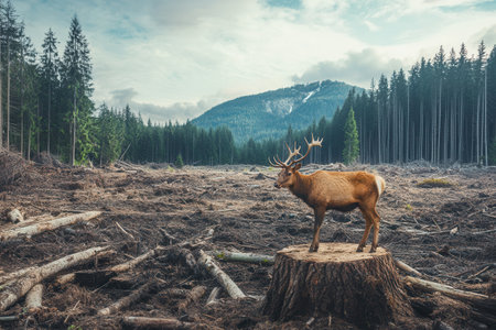 Rare animals stand in a clear-cut forest, highlighting the urgent crisis of species loss and habitat destruction due to deforestation.の素材