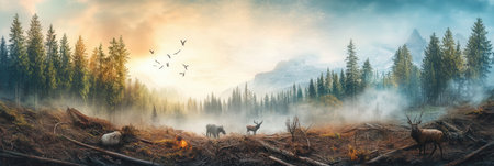 Rare animals roam in a deforested area, showing the impact of habitat loss and the looming threat of extinction.の素材