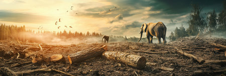 Two elephants navigate a clearing in a deforested area, highlighting the decline of their habitat and the threat of extinction.の素材