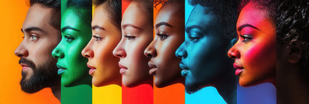 The artwork showcases diverse faces, each highlighted by vibrant colors, divided by a line symbolizing biases and differences in society.の素材