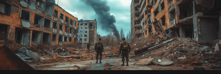 Two soldiers stand amid rubble and ruins, looking over the destruction of a once-bustling city, smoke billowing from afar.の素材