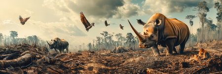 Deforestation wreaks havoc on wildlife as rare animals wander through a ravaged landscape, symbolizing impending extinction.の素材