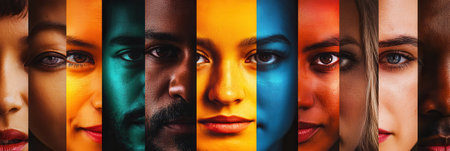 Diverse faces are visually separated by a barrier, emphasizing unique characteristics and the impact of bias on society.の素材