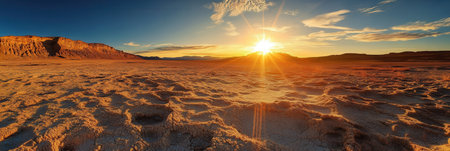 Bright sunlight casts shadows over parched lands, highlighting the effects of global warming and melting glaciers on the environment.の素材