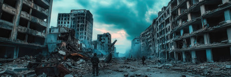 Soldiers navigate through a devastated city, surrounded by crumbling buildings and remnants of conflict under a brooding sky.の素材