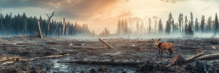 A rare animal stands among fallen trees in a deforested region, highlighting the urgent crisis of habitat loss and extinction.の素材