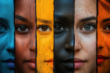 Faces of diverse individuals separated by a stark barrier, illustrating themes of division, contrast, and the richness of human identity.の素材