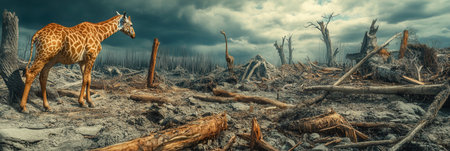 A giraffe surveys a devastated landscape marked by deforestation, highlighting the plight of rare animals and vanishing habitats.の素材