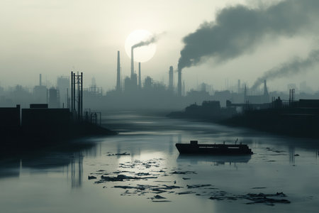 A modern metropolis is shrouded in thick smog, with industrial factories casting silhouettes against the polluted river filled with plastic.の素材