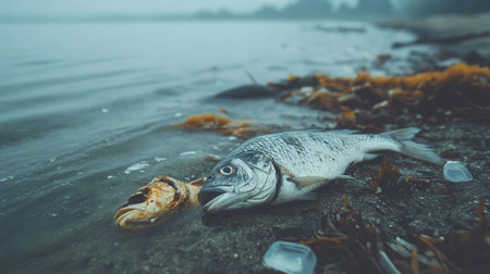 A dead fish lies on the shore with plastic waste and oil spills contaminating the water, showing environmental distress.の素材