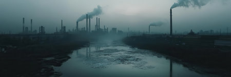A modern city is shrouded in thick smog, with factories silhouetted on the horizon and plastic cluttering the river's surface.の素材
