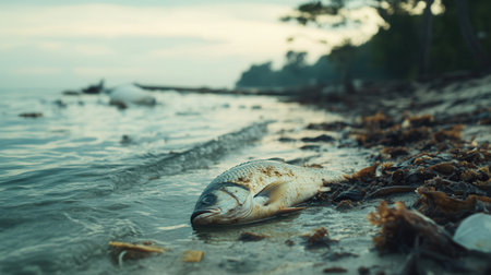 A dead fish lies on the shore alongside plastic waste and signs of oil contamination, showing the pollution's impact on marine life.の素材