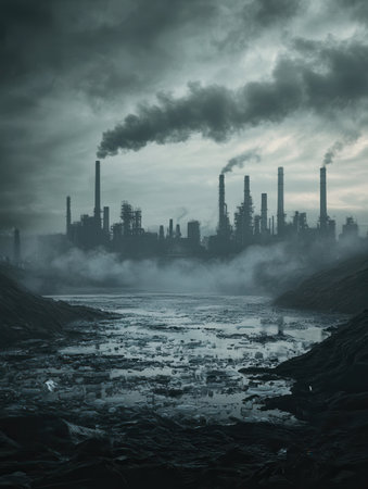 A toxic fog blankets a bustling metropolis with silhouetted factories, while a river floats plastic waste and symbols of environmental decay.の素材