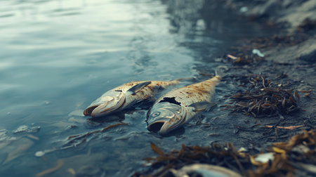 A couple of dead fish lie on the shore among pollution, with floating plastic and oil spills visible in the waters nearby.の素材