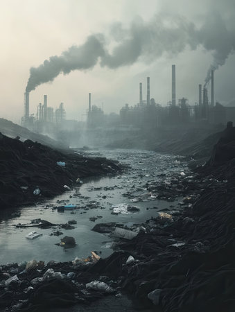 A dense layer of smog envelops a city skyline, dominated by factories and a river filled with floating plastic debris.の素材