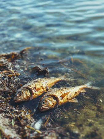 Dead fish lie on the shore with floating plastic and oil spills visible, highlighting severe pollution and harm to marine life.の素材