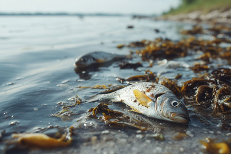 Dead fish line the shore amid floating plastic debris and oil spills, revealing the serious impact of pollution on marine life.の素材