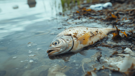 A dead fish lies on the shore, surrounded by floating plastic and oil spills, highlighting the devastation of coral reefs nearby.の素材