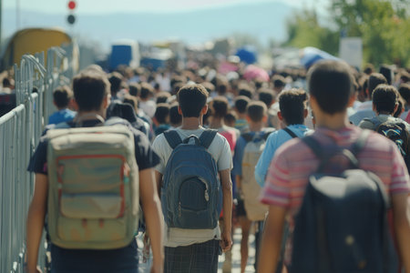 Crowds of refugees carrying bags and suitcases gather at a border crossing, represented by fences and a palpable sense of urgency.の素材
