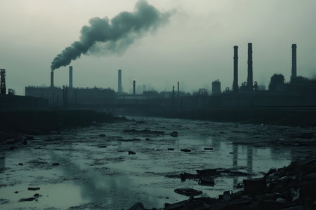 A dense layer of smog obscures a city skyline, with factories looming in the distance and a river polluted with plastic debris.の素材