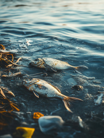 Two dead fish lie on the shore surrounded by floating plastic and oil spills, highlighting the environmental crisis affecting marine life.の素材