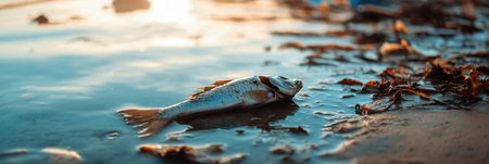 A dead fish lies on the shore amid floating plastic and oil spills, highlighting the environmental impact on marine life.の素材