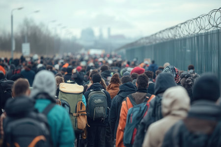 Crowded border with many people carrying suitcases and backpacks, reflecting both hope and hardship in a difficult journey.の素材