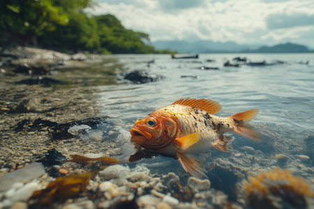 A lifeless fish lies on the beach, surrounded by floating plastic waste and visible oil spills, highlighting ocean pollution.の素材