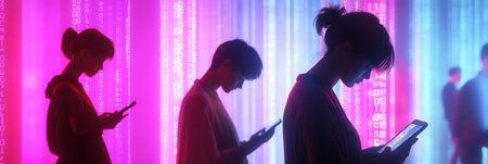 Individuals with bowed heads check their smartphones while surrounded by digital numbers, conveying a theme of virtual isolation.の素材