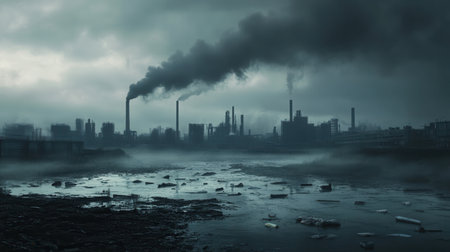 A modern metropolis is shrouded in dense smog while smoky factories loom above a river littered with floating plastic.の素材