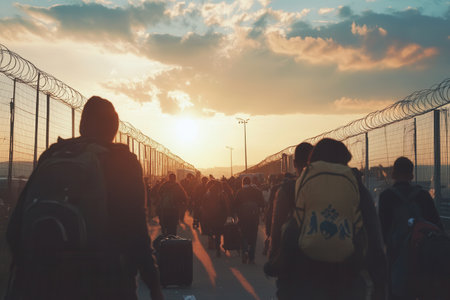 Crowds of people with suitcases and backpacks move through a busy border crossing, filled with hope and hardship under a setting sun.の素材