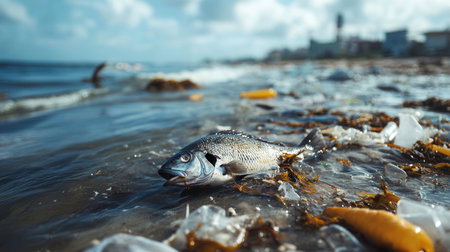 A dead fish lies on the shore surrounded by floating plastic and oil spills, highlighting the impact of pollution on marine life.の素材