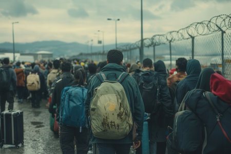 Large groups of people carrying backpacks and suitcases line up at a border crossing, navigating through barbed wire in challenging conditions.の素材