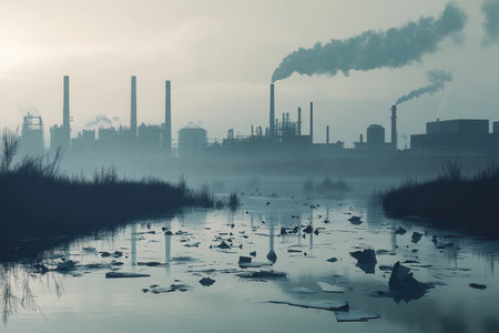 A modern metropolis shrouded in thick smog showcases factory silhouettes against a river polluted by floating plastic waste.の素材