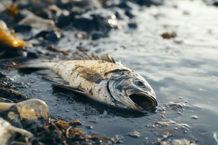 A dead fish lies on the shore amidst plastic debris and oil spills, highlighting severe pollution affecting coral reef ecosystems.の素材