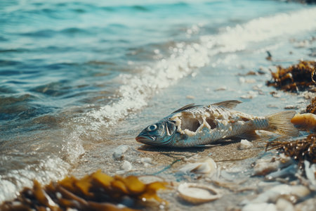 A dead fish lies on the shore surrounded by plastic debris and oil spills, emphasizing the impact of pollution on marine life.の素材