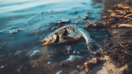 A dead fish lies on the shore, surrounded by floating plastic and oil spills, highlighting the devastating effects on marine ecosystems.の素材