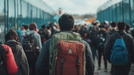 Many individuals with suitcases and backpacks walk through a crowded border area, reflecting hope and hardship in their journey.の素材