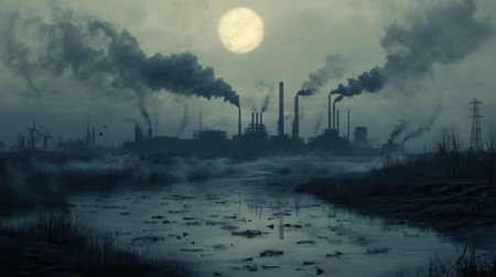 Heavy smog blankets a city skyline, revealing factory silhouettes while a river languishes beneath plastic debris and shattered symbols.の素材
