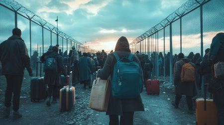 Crowds of refugees navigate a fence-lined border at sunset, carrying their belongings and seeking safety and hope.の素材