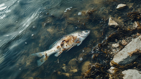 A lifeless fish lies on the beach, surrounded by floating plastic debris and oil slicks, highlighting severe marine pollution issues.の素材