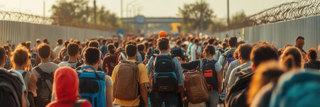 Large groups of refugees with suitcases and backpacks rush toward a border, navigating the challenges of overcrowded camps.の素材