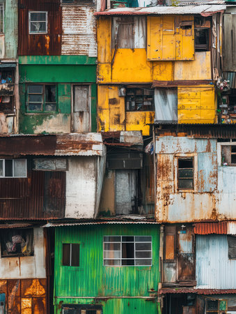 Colorful shanties stand in stark contrast to nearby luxurious villas, highlighting social inequality in the urban landscape.の素材